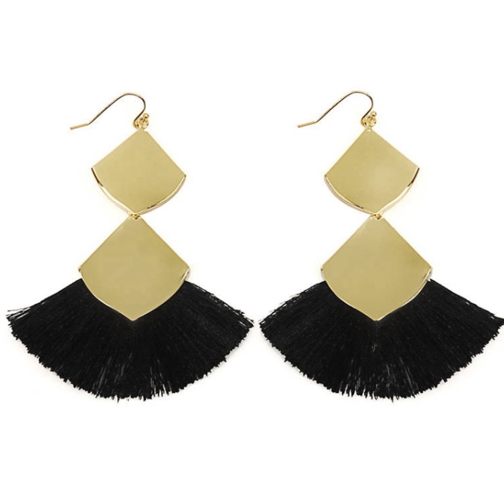 Belk Gold Tone Polished Square Black Fringe Earrings
